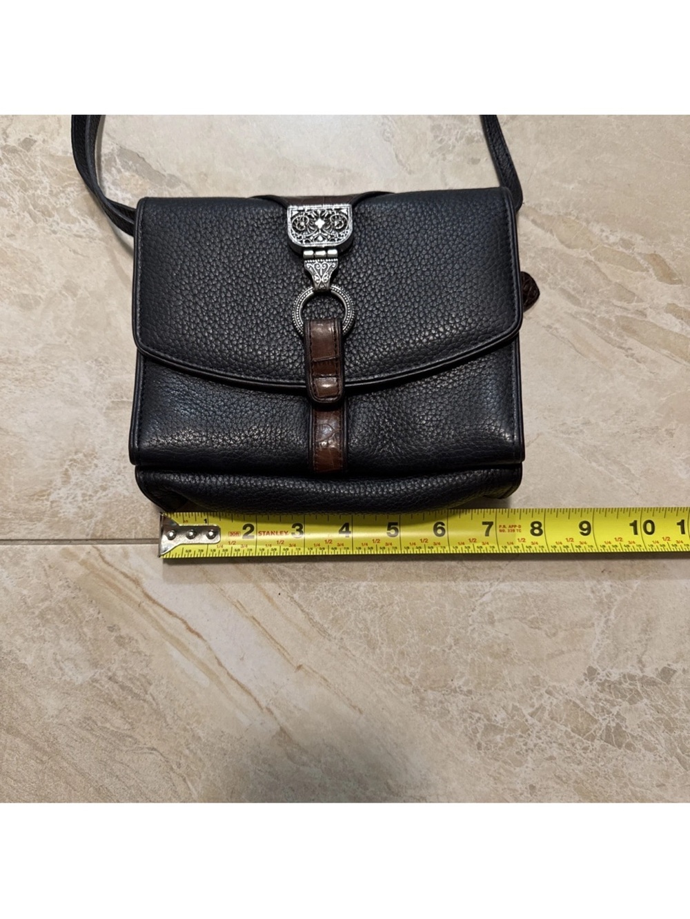 Brighton Black Leather Crossbody Bag with Brown Trim -